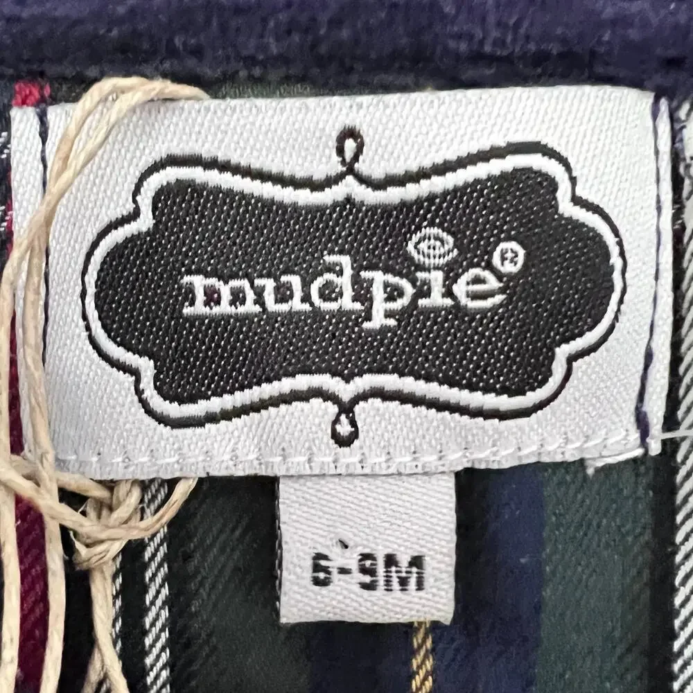 Mud Pie One Piece Baby Boys 6-9M Navy Velour Romper Plaid Patch Shawl Collar New